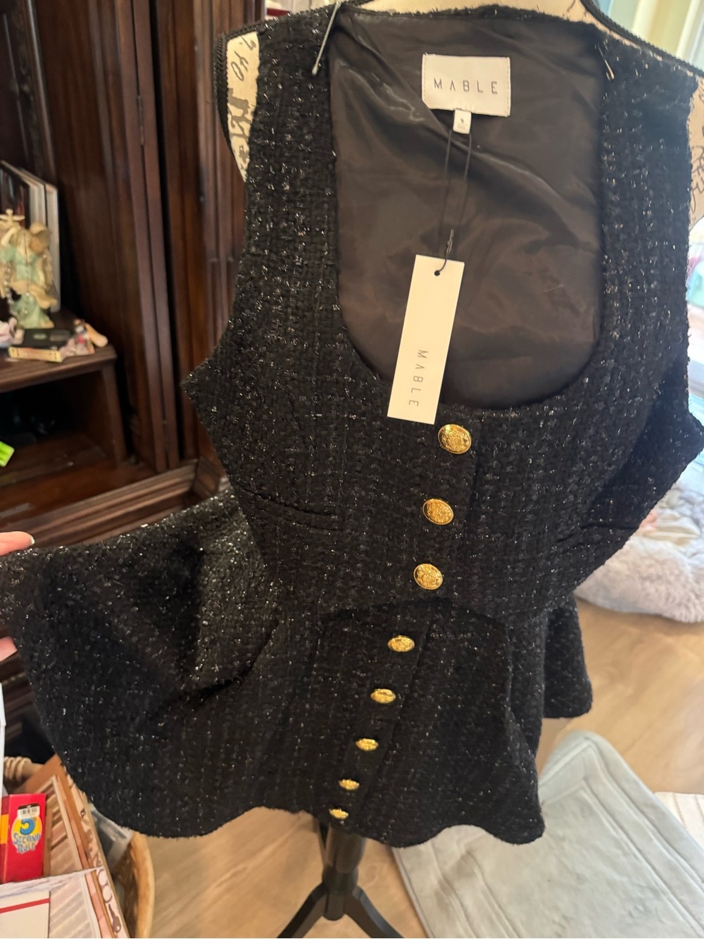 MAble Black Tweed Vest and matching shirt with Gold Button Accent small nwt
